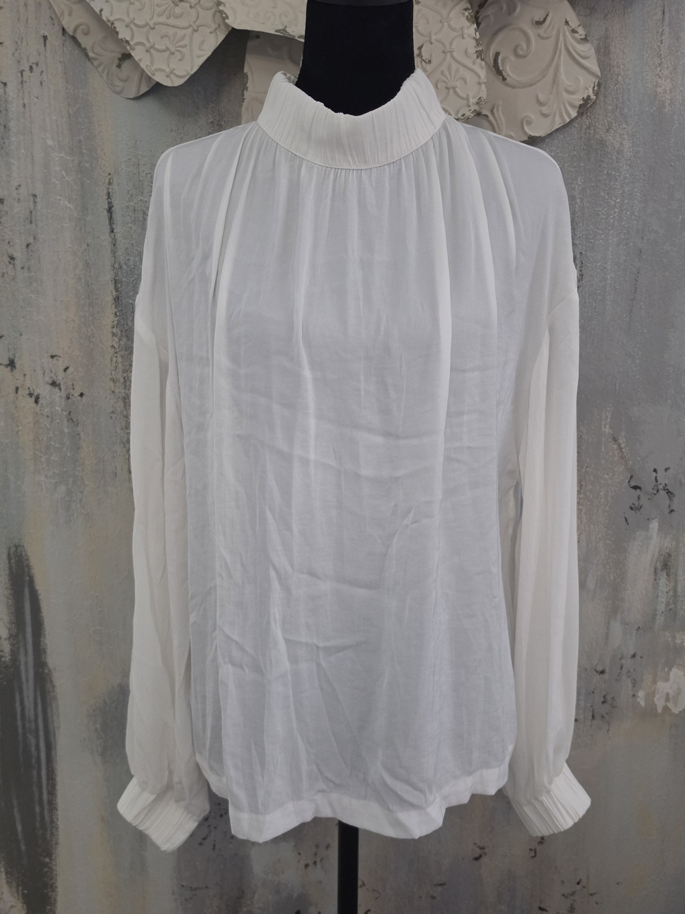 Prologue Pleated Mock-Neck White Long Sleeve Blouse